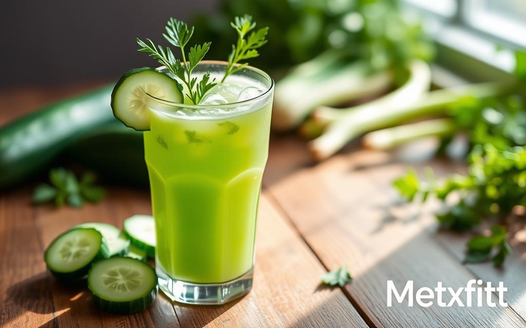 Ingredients for celery cucumber juice recipe, including celery stalks, cucumber, lemon, and ginger