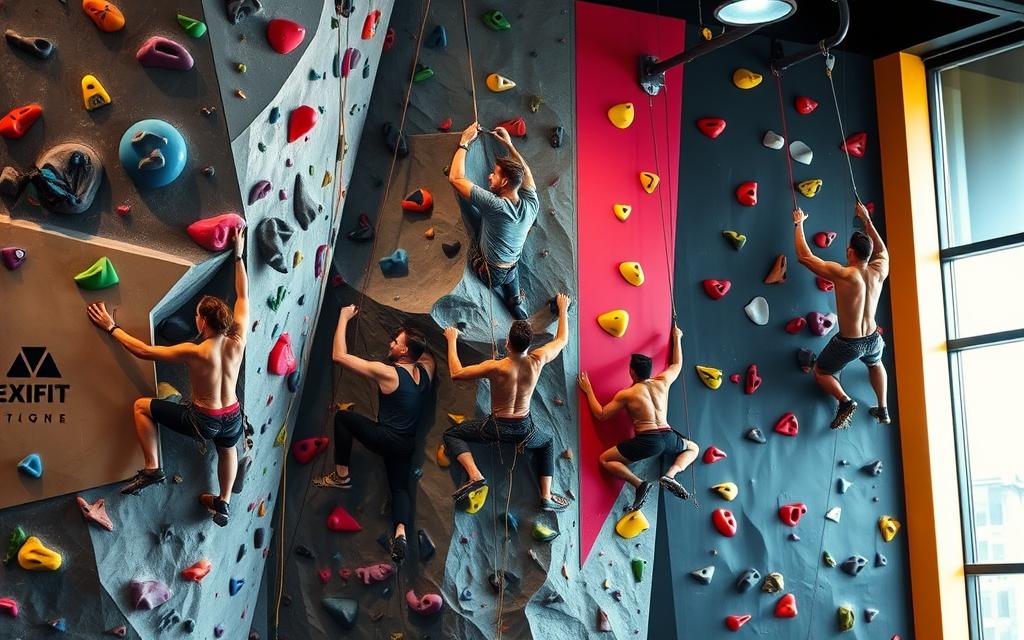 Diagram showing the major muscle groups activated during indoor rock climbing—arms, shoulders, core, and legs.