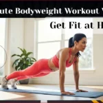 Woman performing 30 minute bodyweight workout at home in bright living room, demonstrating effective female fitness routine without equipment