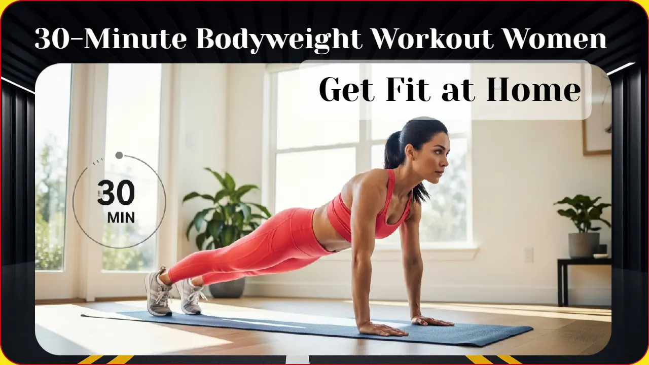 Woman performing 30 minute bodyweight workout at home in bright living room, demonstrating effective female fitness routine without equipment