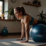 Adult performing core exercise using exercise ball with handles to improve strength and balance.