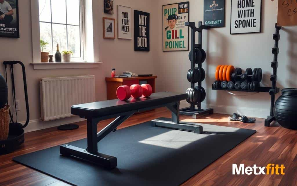 Home workout setup with a weight bench and dumbbells for effective full-body exercises