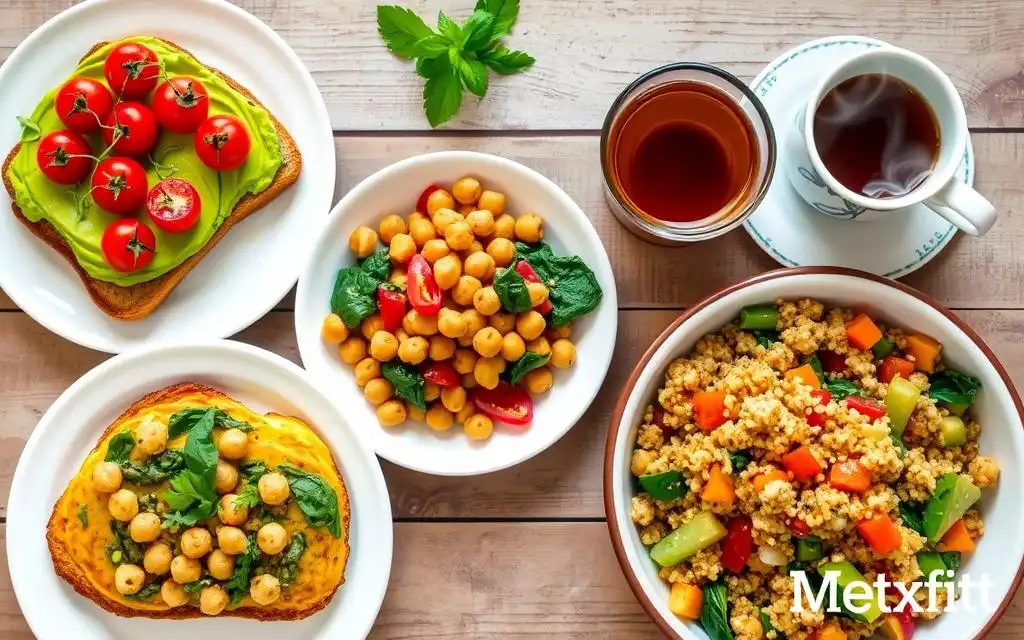 A vibrant plate of tofu scramble mixed with bell peppers, mushrooms, and spinach.