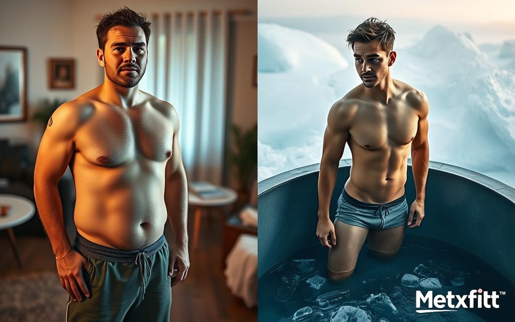 Comparison of weight loss results before and after using ice baths for one month, showing significant progress and changes