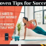 Create a vibrant, modern fitness lifestyle image featuring a confident professional woman in her 30s doing a high-intensity workout in a sleek home setting. She's mid-burpee with perfect form, wearing stylish athletic wear (sports bra and leggings in coral/teal colors). The background shows a minimalist living room with natural lighting streaming through large windows. Include a visible timer showing "15:00" on a smartphone propped nearby. Scatter fitness props like water bottle, yoga mat, and dumbbells around the space. The woman should look energized, not exhausted, with a slight smile showing this is manageable. Use a bright, motivational color palette with coral, teal, and white tones. The image should convey "quick, effective, doable" energy. Style: Clean, contemporary, Instagram-worthy fitness photography with professional lighting and composition.