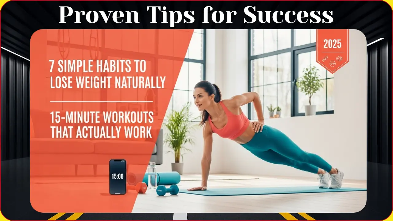 Create a vibrant, modern fitness lifestyle image featuring a confident professional woman in her 30s doing a high-intensity workout in a sleek home setting. She's mid-burpee with perfect form, wearing stylish athletic wear (sports bra and leggings in coral/teal colors). The background shows a minimalist living room with natural lighting streaming through large windows. Include a visible timer showing "15:00" on a smartphone propped nearby. Scatter fitness props like water bottle, yoga mat, and dumbbells around the space. The woman should look energized, not exhausted, with a slight smile showing this is manageable. Use a bright, motivational color palette with coral, teal, and white tones. The image should convey "quick, effective, doable" energy. Style: Clean, contemporary, Instagram-worthy fitness photography with professional lighting and composition.