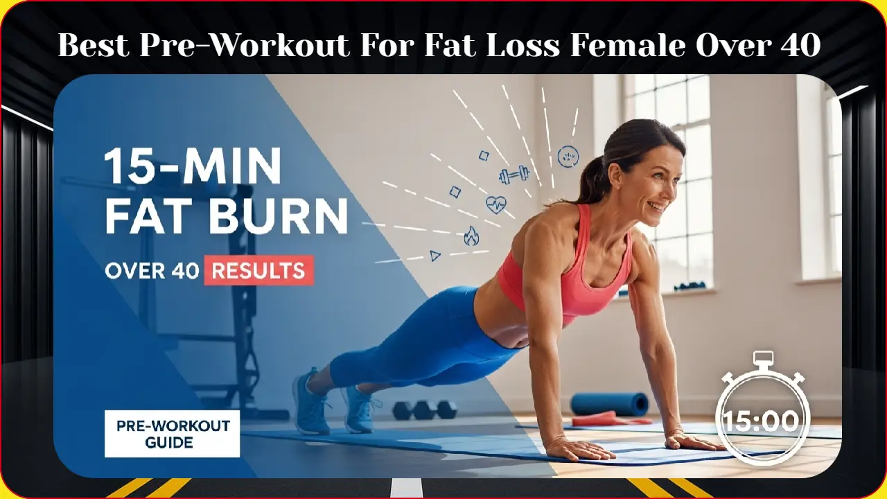 Fit woman over 40 performing high-intensity interval training exercise with pre-workout supplements visible, demonstrating best fat loss workout routine