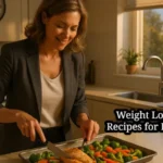 Busy professional woman preparing healthy weight loss dinner in modern kitchen with sheet pan vegetables and protein