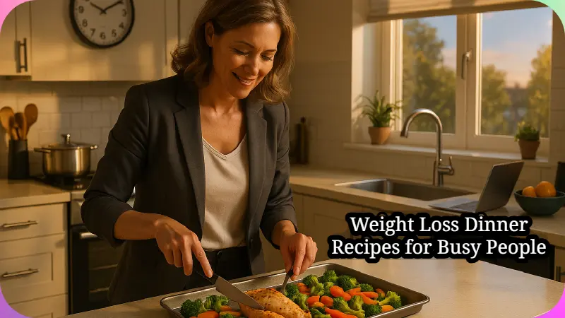 Busy professional woman preparing healthy weight loss dinner in modern kitchen with sheet pan vegetables and protein
