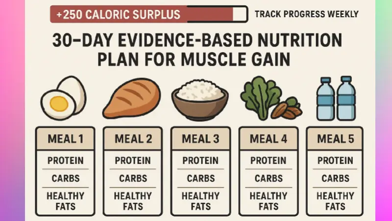 Infographic showing a structured 5-meal daily plan with macros and calories for a 30-day evidence-based muscle gain program