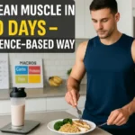 A fit man prepares a protein-rich meal in a kitchen during his 30-day evidence-based muscle gain challenge, with macro targets and a calendar in the background