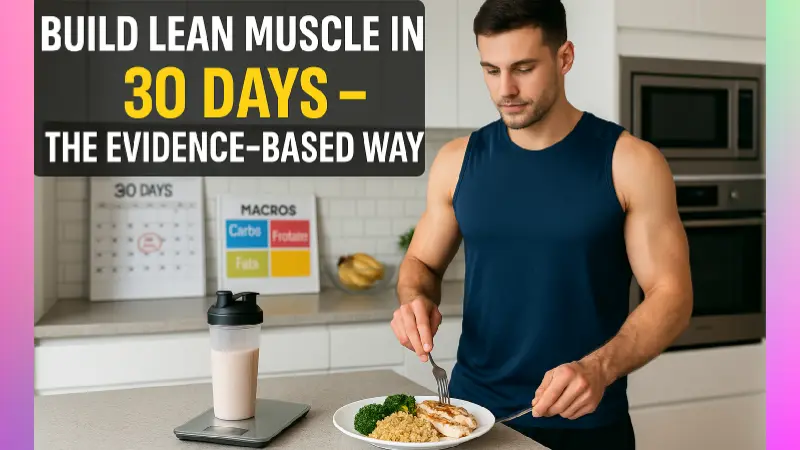A fit man prepares a protein-rich meal in a kitchen during his 30-day evidence-based muscle gain challenge, with macro targets and a calendar in the background