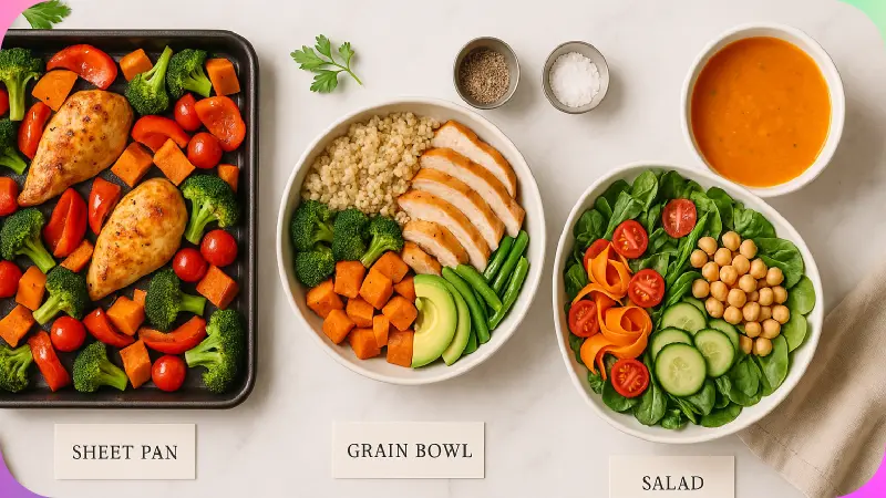 Three healthy dinner templates for weight loss - sheet pan meals, grain bowls, and soup salad combinations