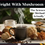 Premium mushroom coffee setup with steaming mug, dried medicinal mushrooms, coffee beans, and wellness accessories on modern marble kitchen counter