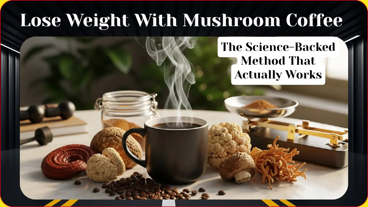 Premium mushroom coffee setup with steaming mug, dried medicinal mushrooms, coffee beans, and wellness accessories on modern marble kitchen counter